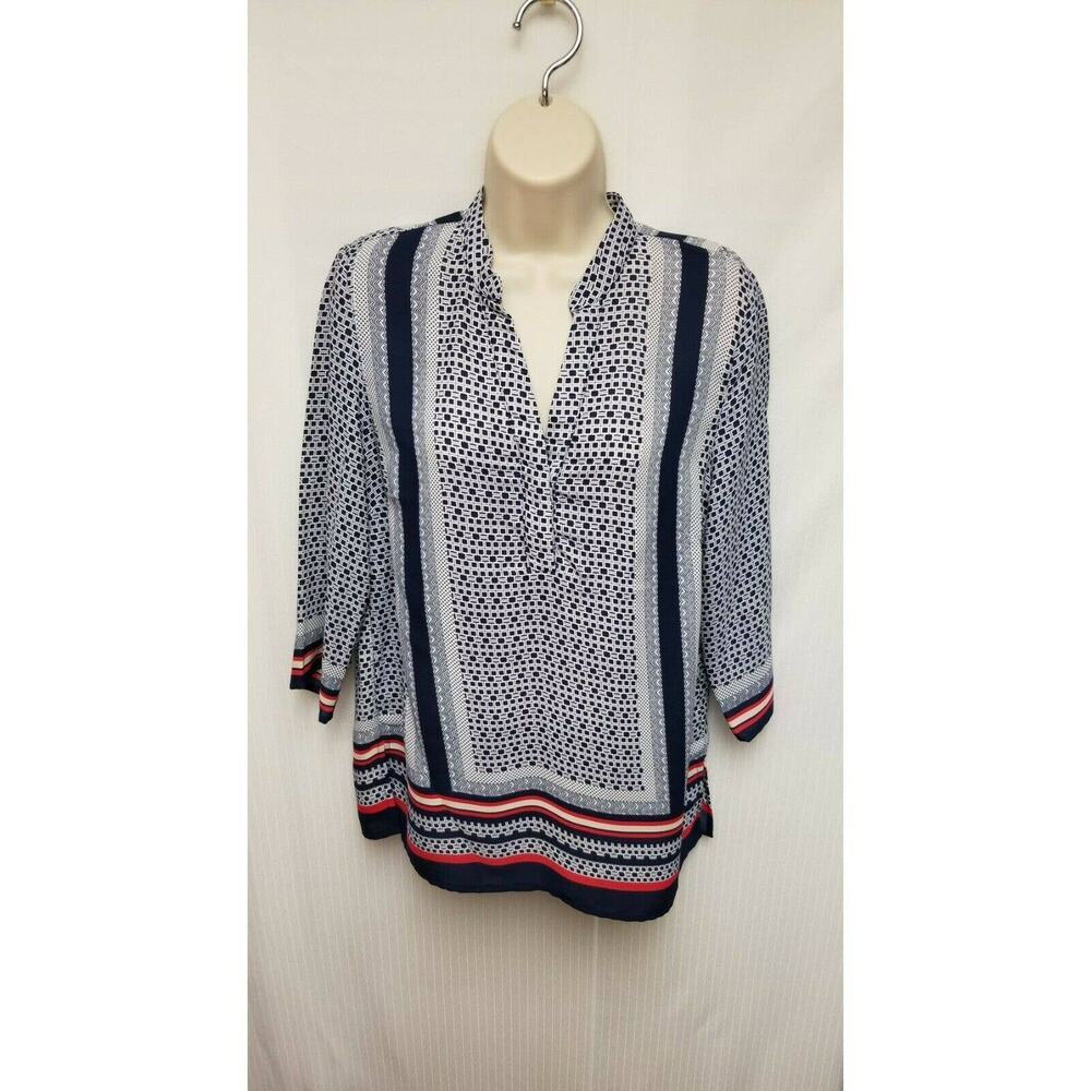 Adrienne Vittadini Women's Size Small Popover Printed Shirt Top Navy Blue/Red - Picture 3 of 7